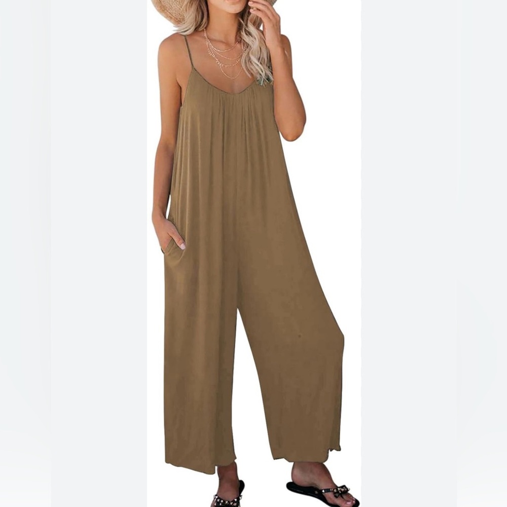 Women's Brown Spaghetti-Strap Wide-Leg Jumpsuit size L